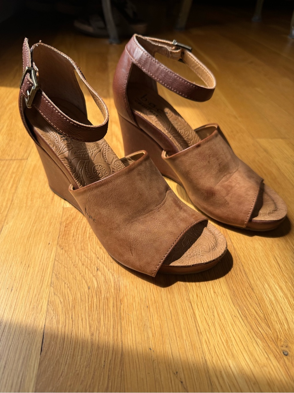 b.o.c. Tan Open-Toe Wedge Sandals with Ankle Strap